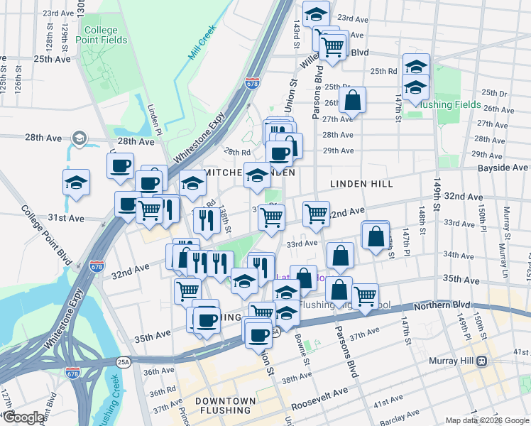map of restaurants, bars, coffee shops, grocery stores, and more near in Queens