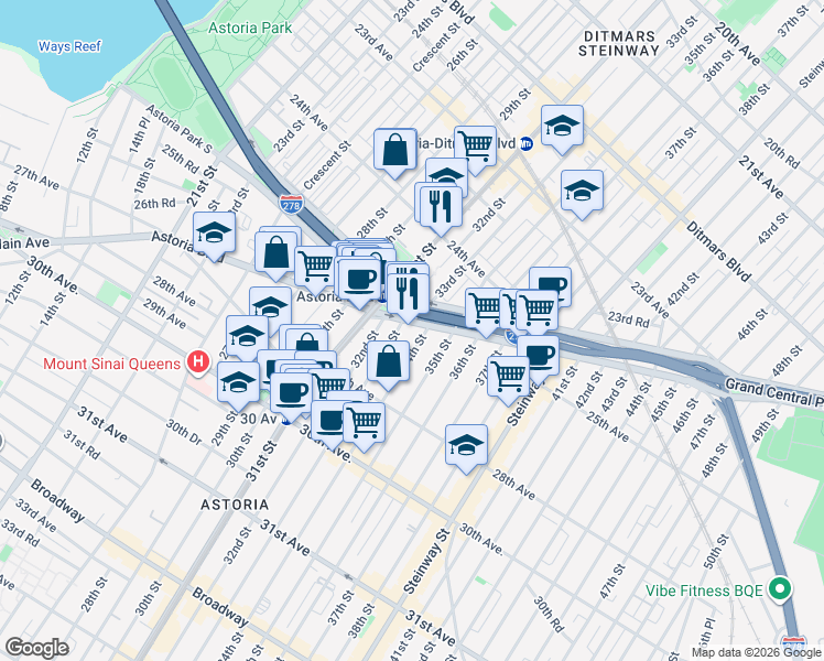 map of restaurants, bars, coffee shops, grocery stores, and more near in Queens