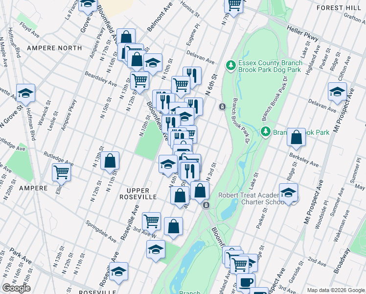 map of restaurants, bars, coffee shops, grocery stores, and more near 203 Abington Avenue in Newark