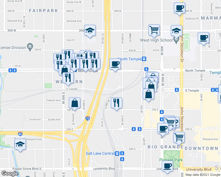 map of restaurants, bars, coffee shops, grocery stores, and more near 59 North 600 West in Salt Lake City