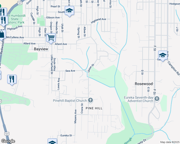 map of restaurants, bars, coffee shops, grocery stores, and more near 3970 Lissa Dr in Eureka