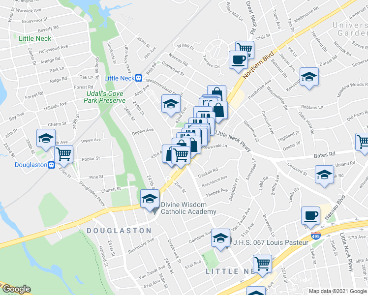 map of restaurants, bars, coffee shops, grocery stores, and more near 252-11 Little Neck Parkway in Queens