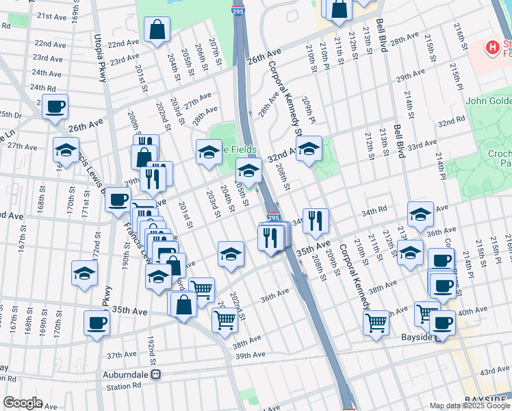map of restaurants, bars, coffee shops, grocery stores, and more near 205-01 33rd Avenue in Queens