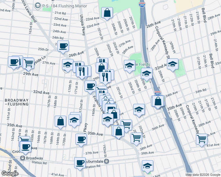map of restaurants, bars, coffee shops, grocery stores, and more near 2938 200th Street in Queens