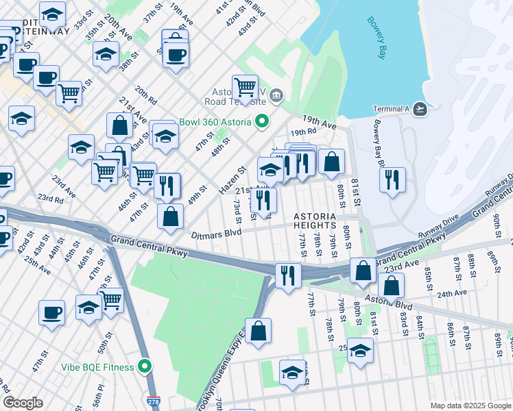 map of restaurants, bars, coffee shops, grocery stores, and more near 75-10 21st Avenue in Queens