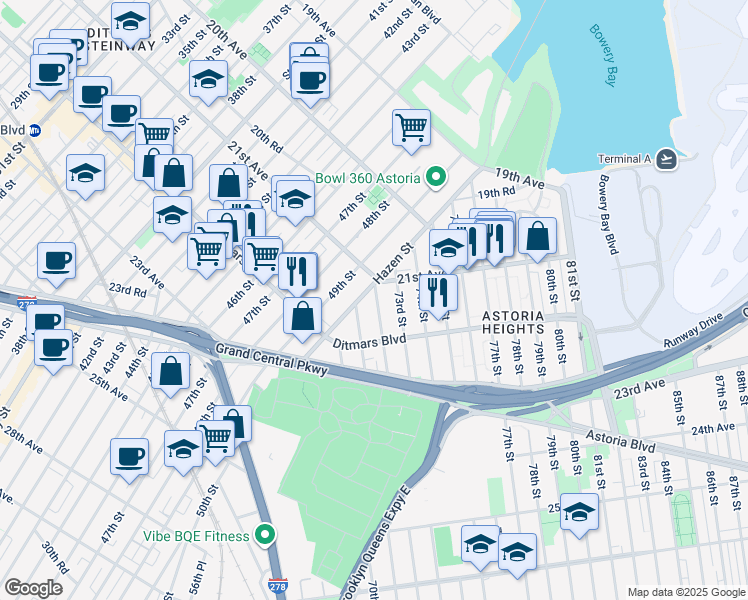 map of restaurants, bars, coffee shops, grocery stores, and more near 49-18 21st Avenue in Queens
