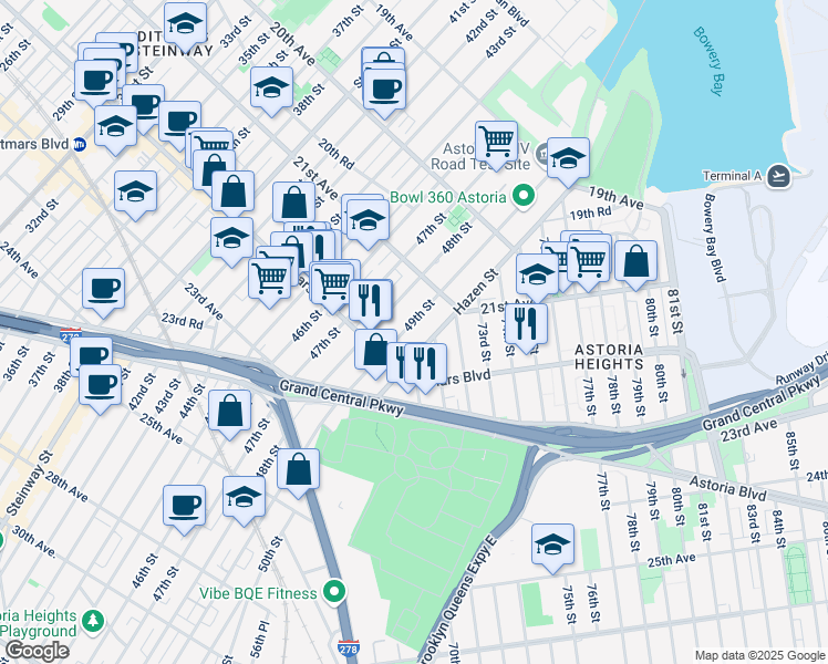 map of restaurants, bars, coffee shops, grocery stores, and more near 21-32 49th Street in Queens