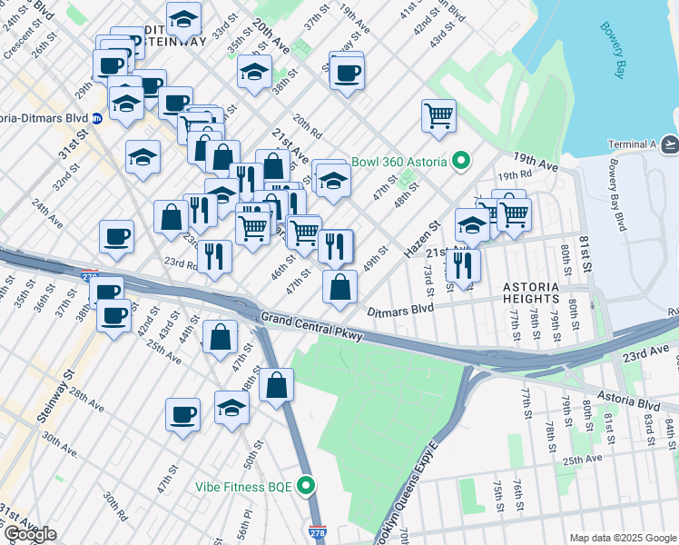 map of restaurants, bars, coffee shops, grocery stores, and more near 21-58 48th Street in Queens