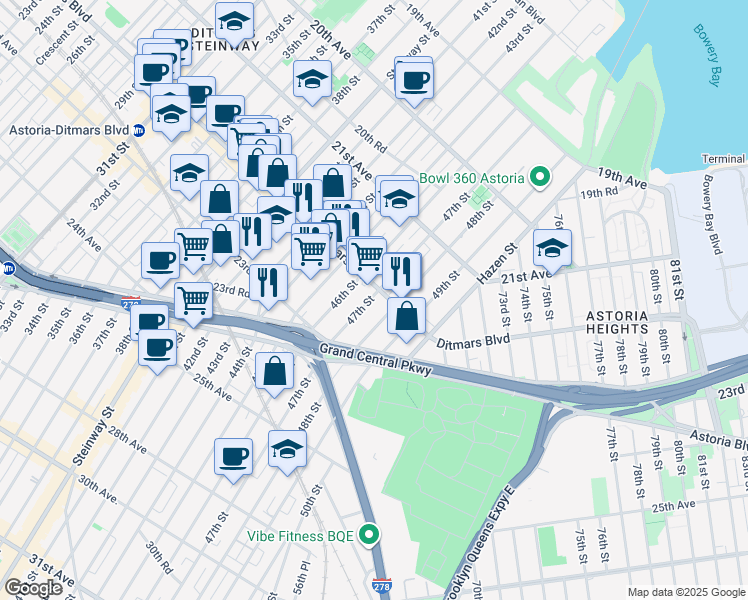 map of restaurants, bars, coffee shops, grocery stores, and more near in Queens