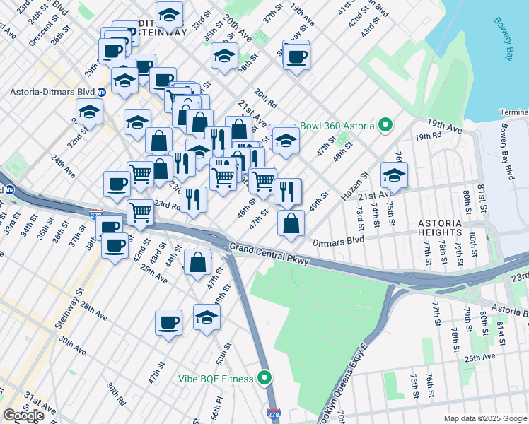 map of restaurants, bars, coffee shops, grocery stores, and more near in Queens