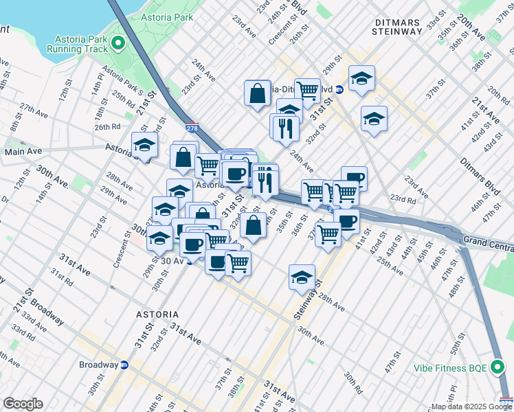 map of restaurants, bars, coffee shops, grocery stores, and more near in Queens