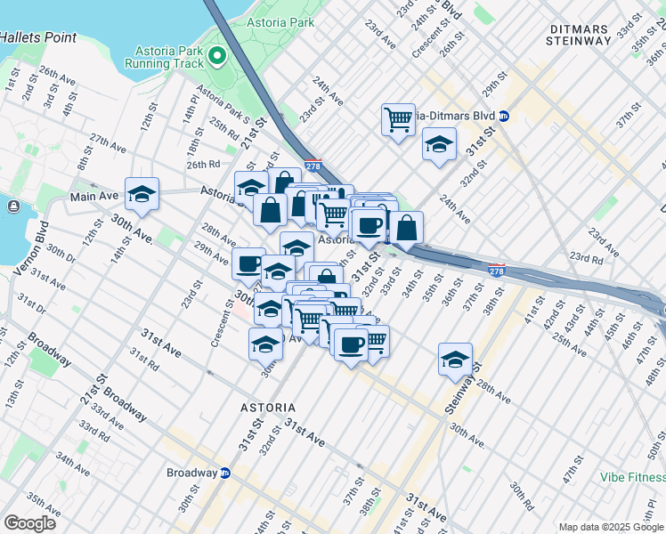 map of restaurants, bars, coffee shops, grocery stores, and more near in Queens