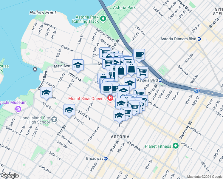 map of restaurants, bars, coffee shops, grocery stores, and more near 28-14 Crescent Street in Queens