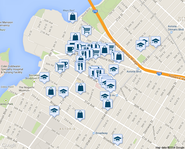 map of restaurants, bars, coffee shops, grocery stores, and more near 21-33 29th Avenue in Queens