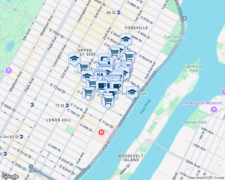map of restaurants, bars, coffee shops, grocery stores, and more near 419 East 76th Street in New York