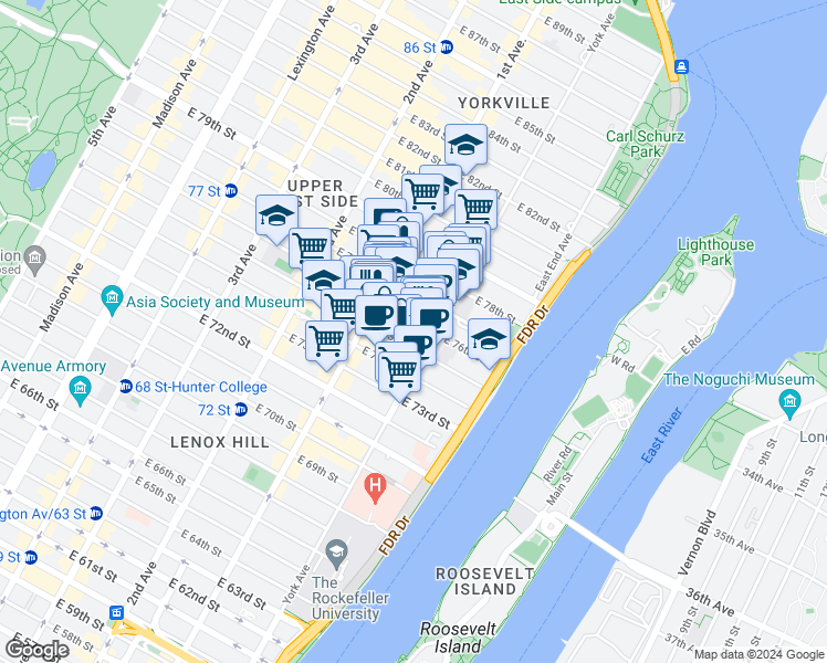map of restaurants, bars, coffee shops, grocery stores, and more near 419 East 76th Street in New York