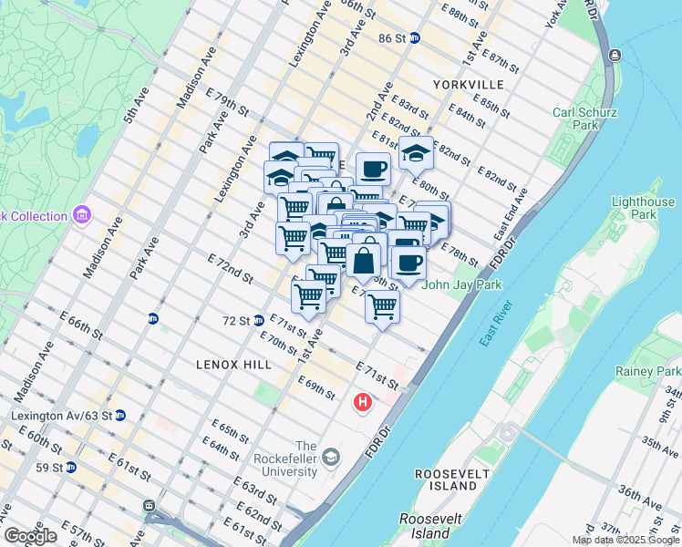 map of restaurants, bars, coffee shops, grocery stores, and more near 1445 1st Avenue in New York