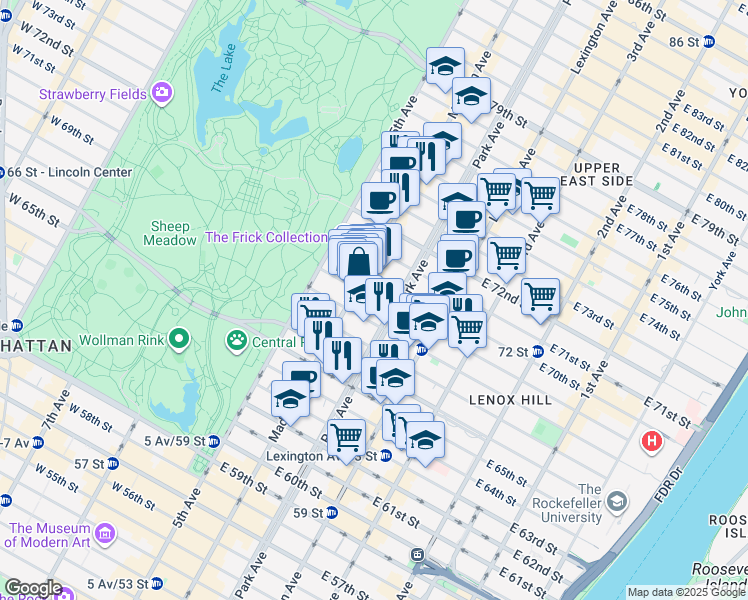 map of restaurants, bars, coffee shops, grocery stores, and more near 833 Madison Avenue in New York