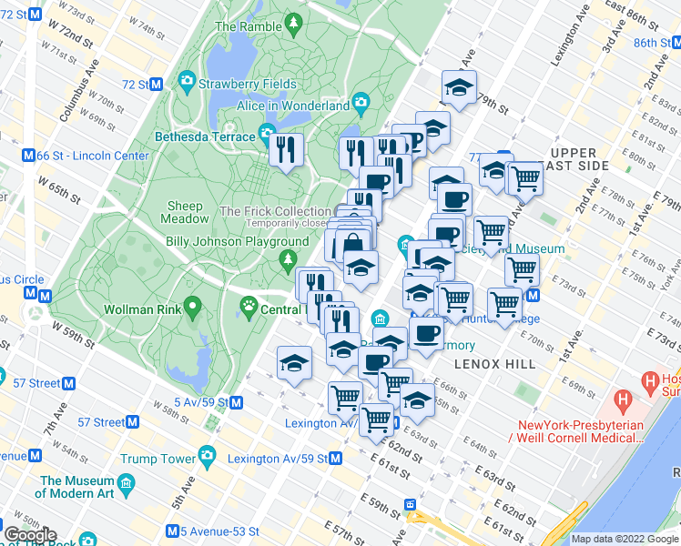 map of restaurants, bars, coffee shops, grocery stores, and more near 6 East 69th Street in New York