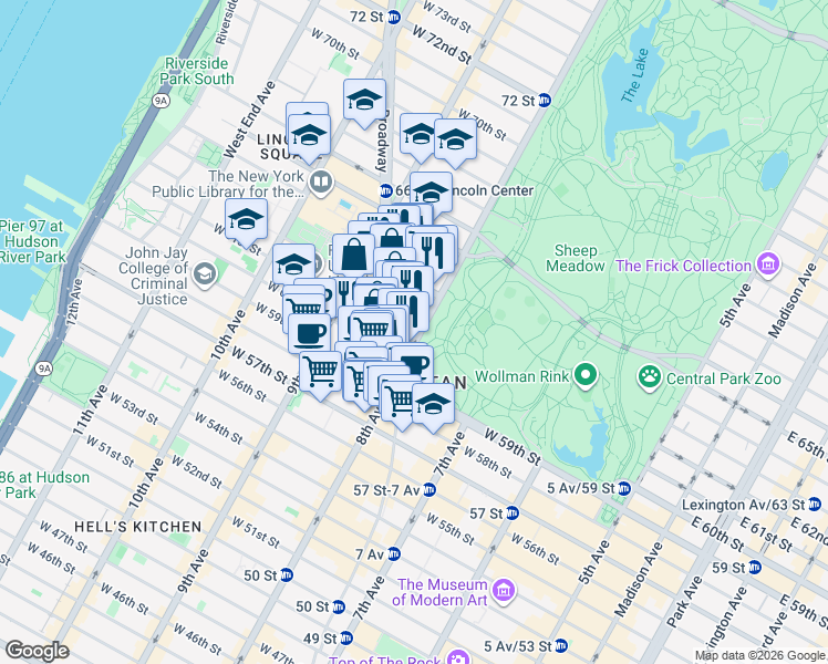 map of restaurants, bars, coffee shops, grocery stores, and more near 1 West 61st Street in New York