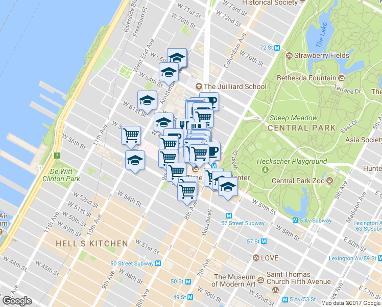 map of restaurants, bars, coffee shops, grocery stores, and more near 24 West 61st Street in New York