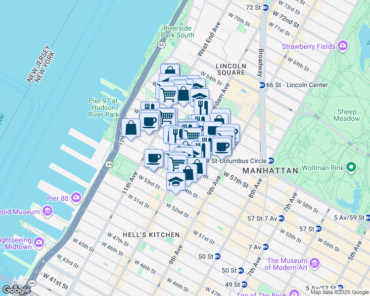 map of restaurants, bars, coffee shops, grocery stores, and more near 515 West 57th Street in New York