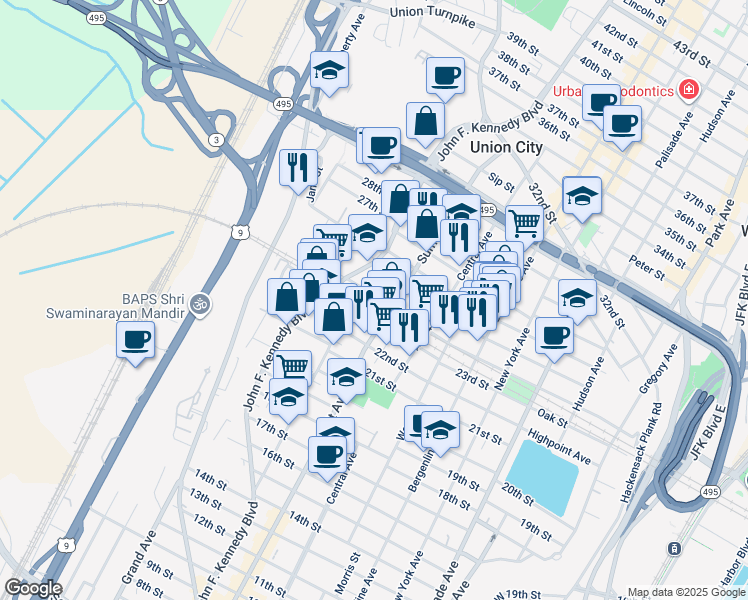 map of restaurants, bars, coffee shops, grocery stores, and more near 2500 John F. Kennedy Boulevard in Union City