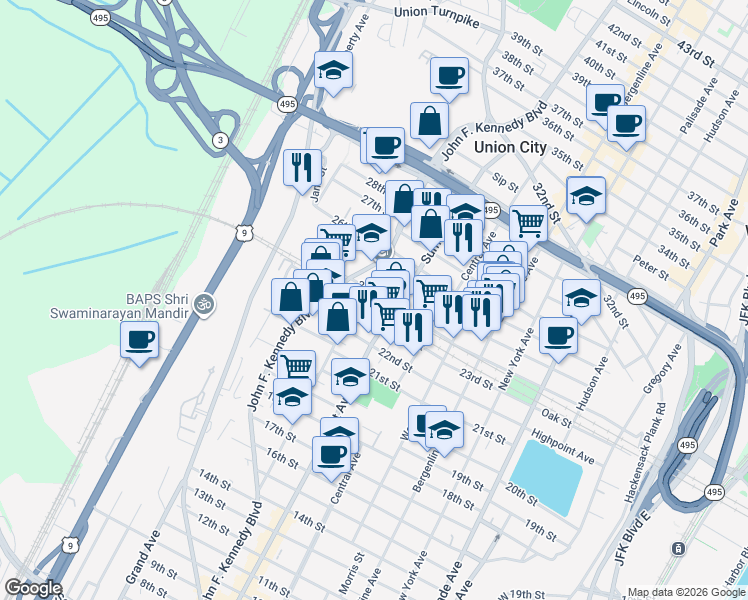 map of restaurants, bars, coffee shops, grocery stores, and more near 2500 John F. Kennedy Boulevard in Union City