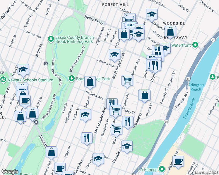 map of restaurants, bars, coffee shops, grocery stores, and more near 175-181 Ballantine Parkway in Newark