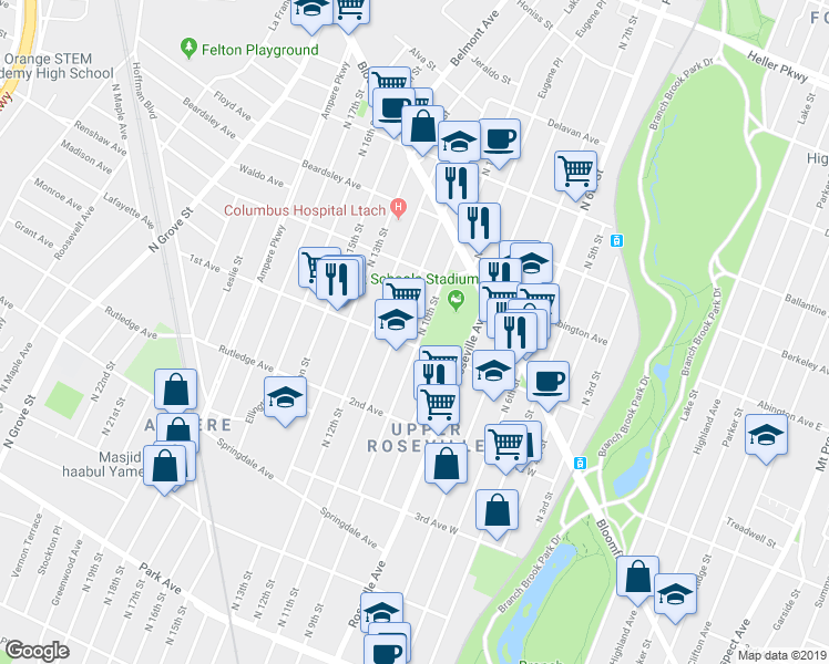 map of restaurants, bars, coffee shops, grocery stores, and more near 164 North 10th Street in Newark