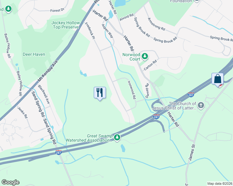 map of restaurants, bars, coffee shops, grocery stores, and more near 46 Frederick Place in Morristown