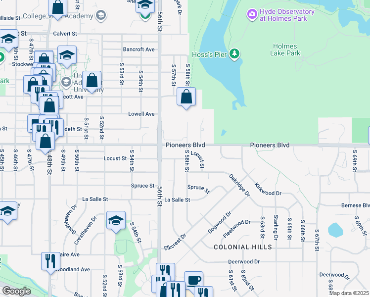 map of restaurants, bars, coffee shops, grocery stores, and more near 4248 South 58th Street in Lincoln