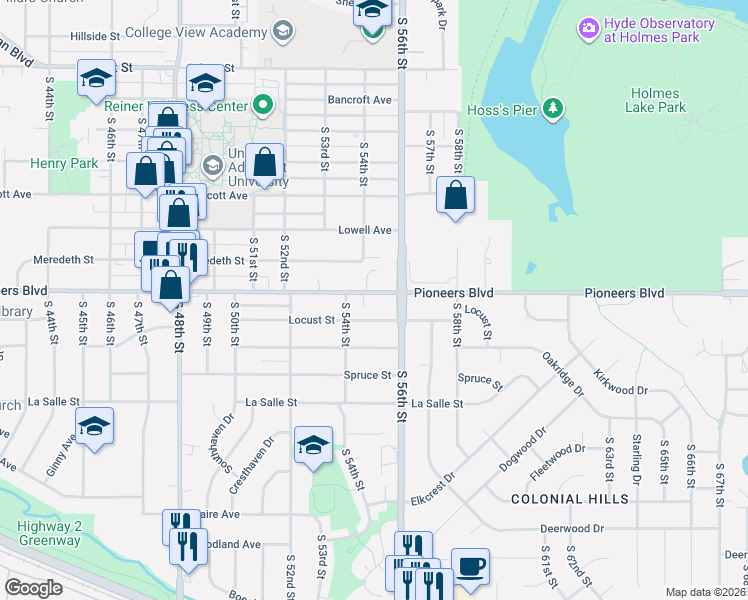 map of restaurants, bars, coffee shops, grocery stores, and more near 5550 Pioneers Boulevard in Lincoln
