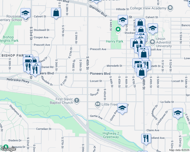 map of restaurants, bars, coffee shops, grocery stores, and more near 4130 Pioneers Boulevard in Lincoln