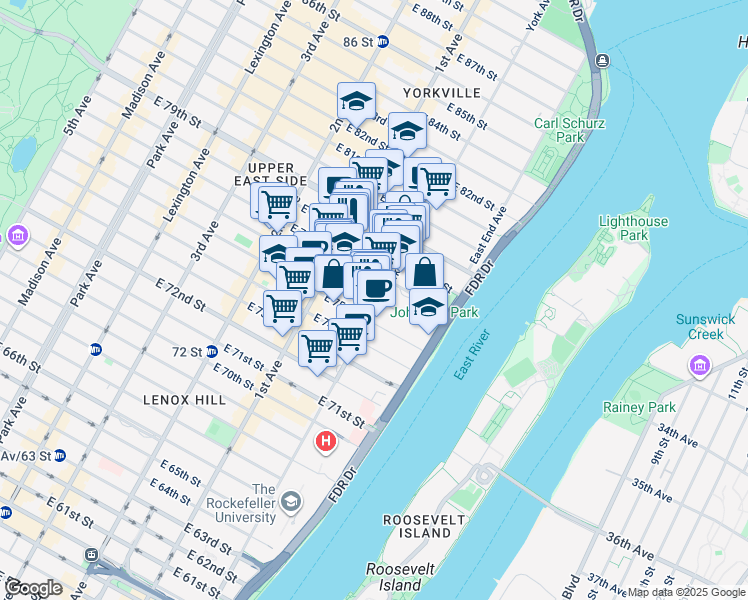 map of restaurants, bars, coffee shops, grocery stores, and more near 446 East 76th Street in New York