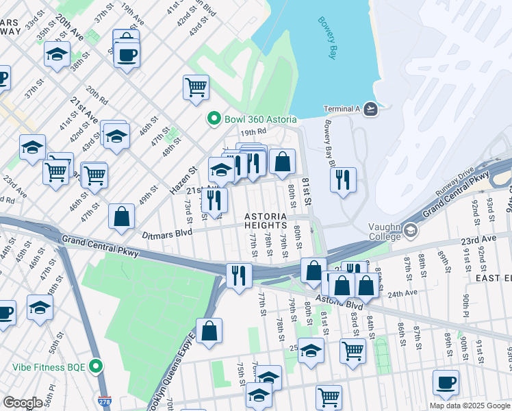 map of restaurants, bars, coffee shops, grocery stores, and more near 21-17 78th Street in Queens