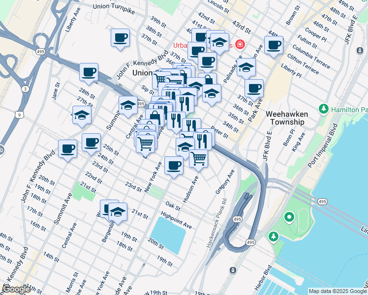 map of restaurants, bars, coffee shops, grocery stores, and more near 201 30th Street in Union City