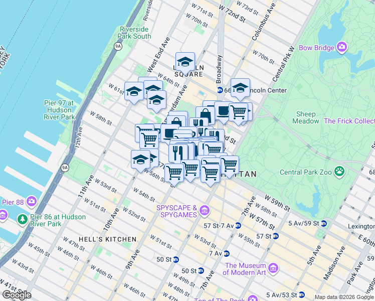 map of restaurants, bars, coffee shops, grocery stores, and more near 2 Columbus Avenue in New York