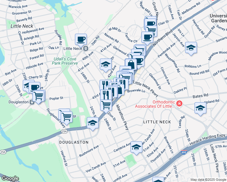 map of restaurants, bars, coffee shops, grocery stores, and more near 43-24 Cornell Lane in Queens