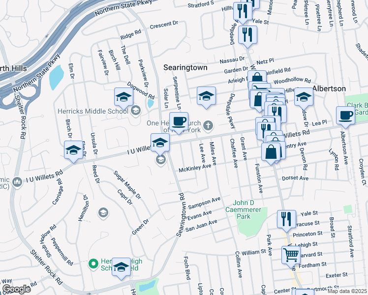 map of restaurants, bars, coffee shops, grocery stores, and more near I I U Willets Road in Albertson