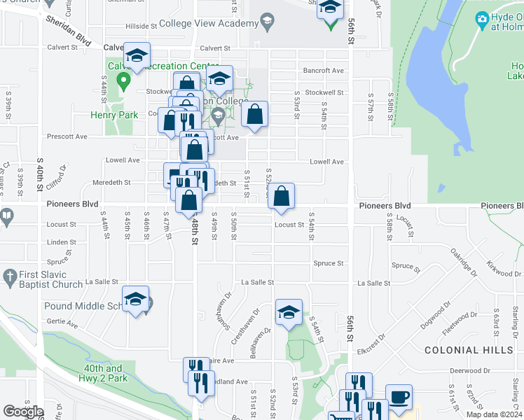map of restaurants, bars, coffee shops, grocery stores, and more near 5121 Pioneers Boulevard in Lincoln