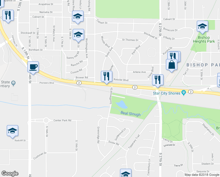 map of restaurants, bars, coffee shops, grocery stores, and more near 2109 Highway 2 in Lincoln