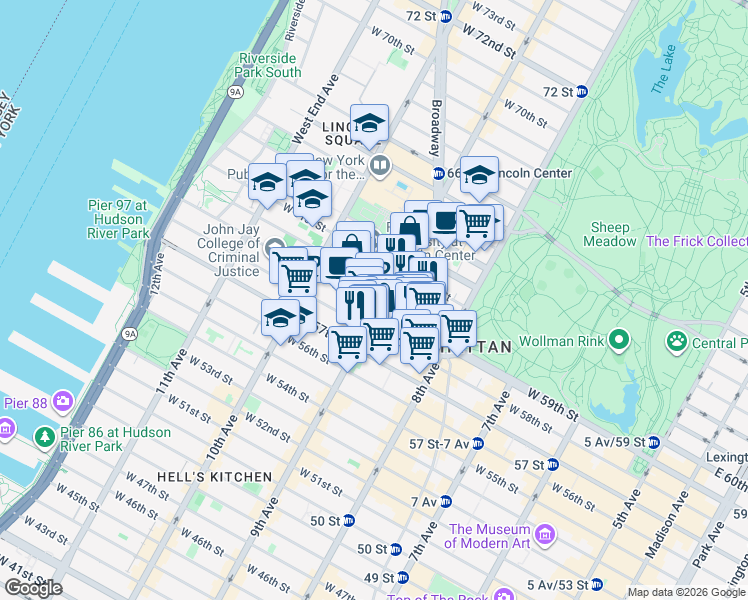 map of restaurants, bars, coffee shops, grocery stores, and more near 60 Columbus Avenue in New York