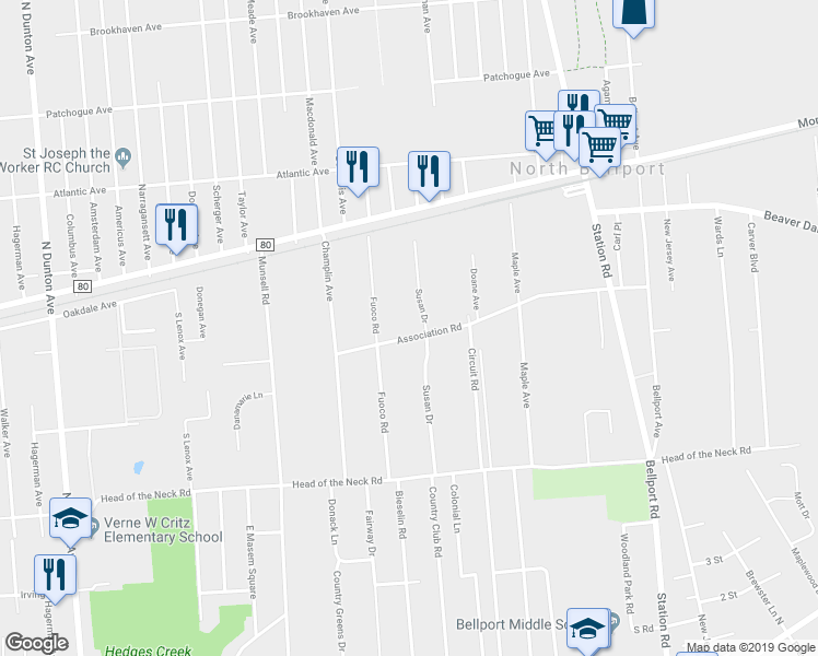 map of restaurants, bars, coffee shops, grocery stores, and more near 36 Association Road in Bellport