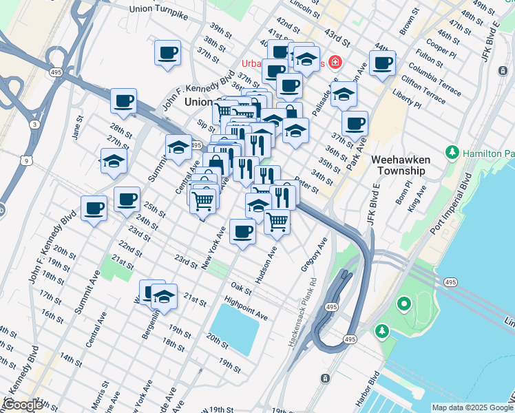 map of restaurants, bars, coffee shops, grocery stores, and more near 201 30th Street in Union City