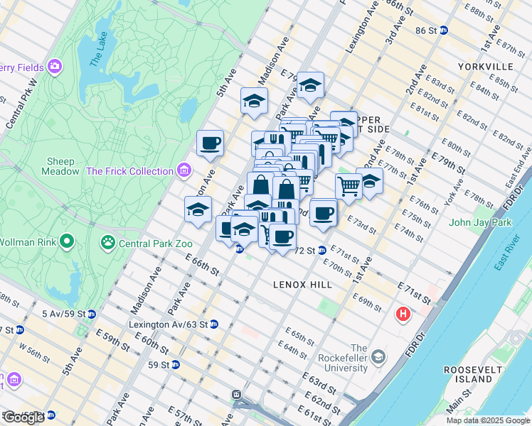 map of restaurants, bars, coffee shops, grocery stores, and more near 158 East 72nd Street in New York