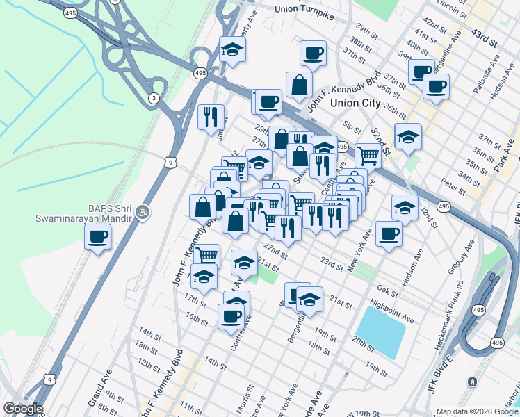 map of restaurants, bars, coffee shops, grocery stores, and more near 2500 John F. Kennedy Boulevard in Union City