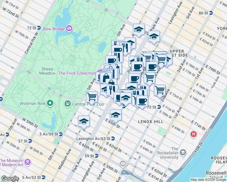 map of restaurants, bars, coffee shops, grocery stores, and more near 700 Park Avenue in New York