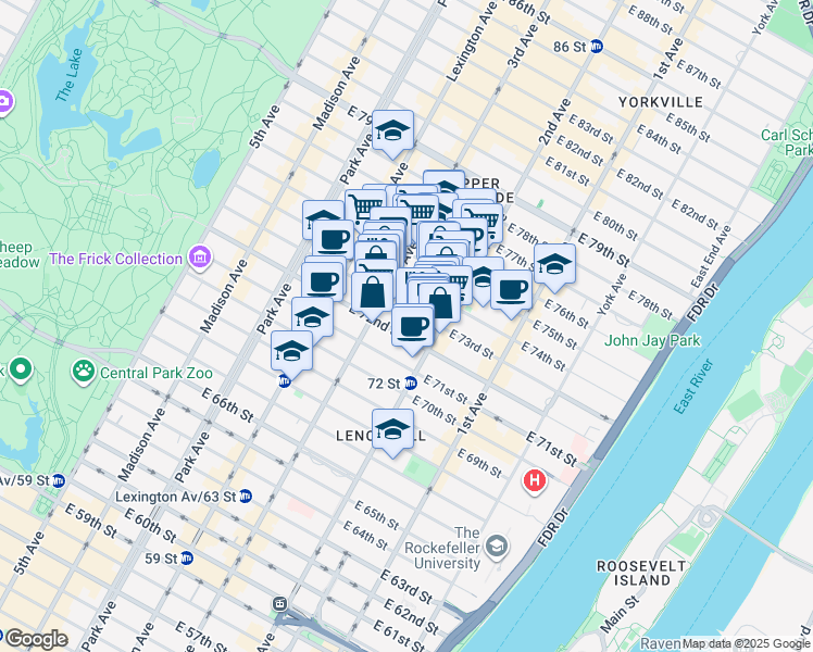 map of restaurants, bars, coffee shops, grocery stores, and more near 225 East 72nd Street in New York