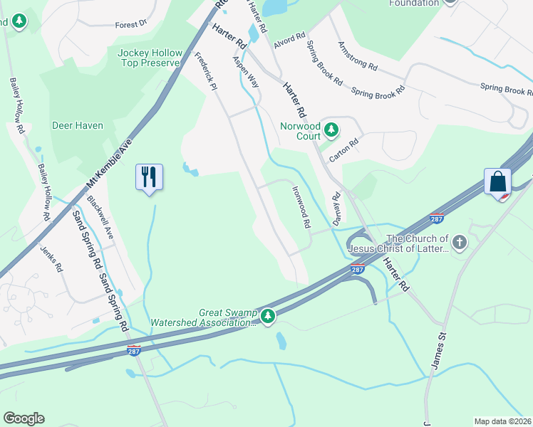 map of restaurants, bars, coffee shops, grocery stores, and more near 46 Frederick Place in Morristown